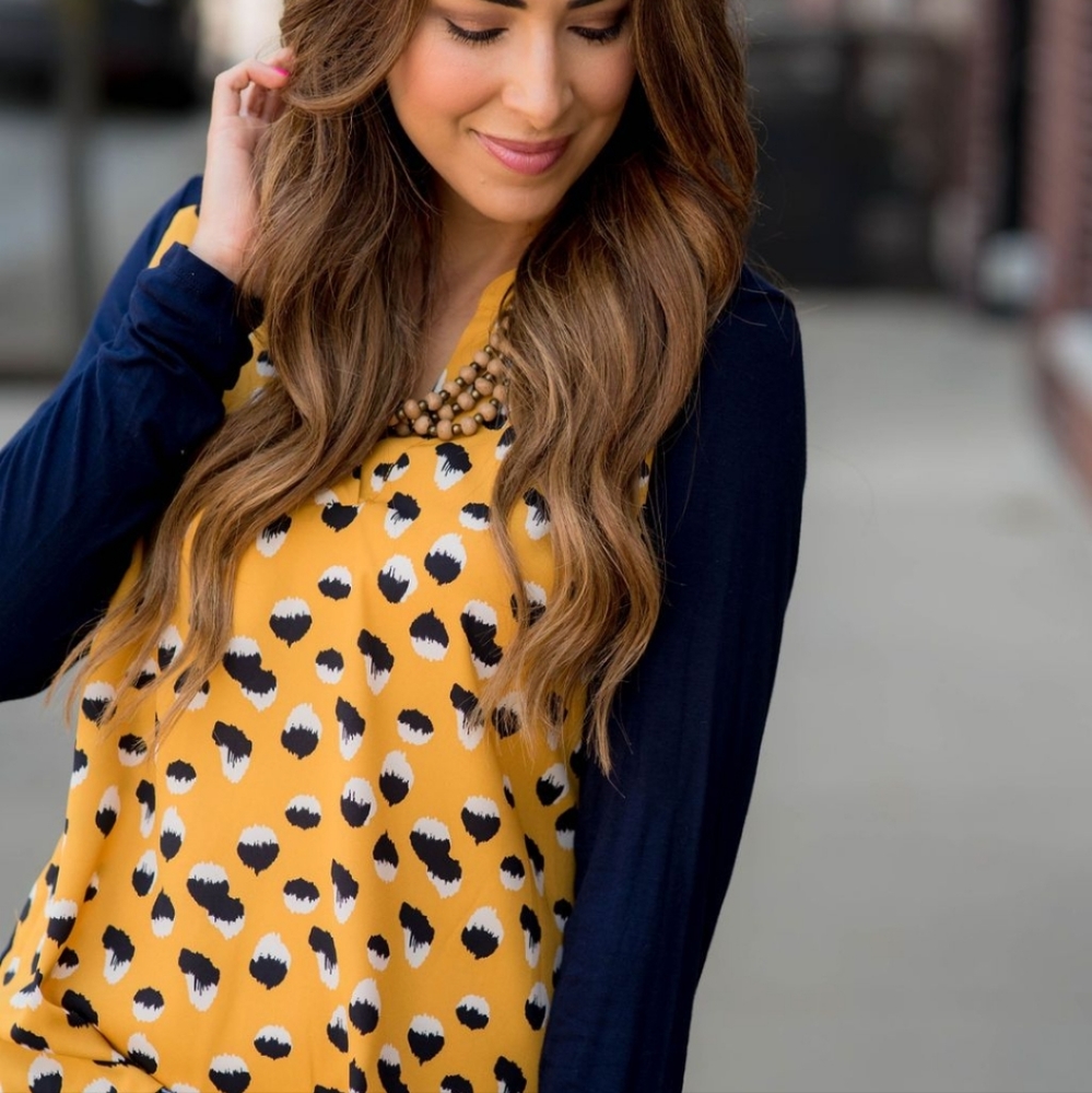 Betsey's Boutique - Mustard dot navy long sleeve V-neck blouse.